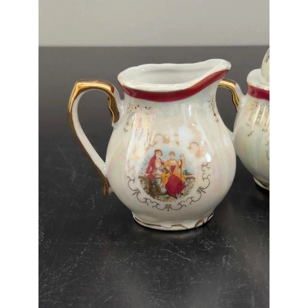 Vintage Italian Lusterware Tea Set Courting Couple‎ Burgundy Gold 8pc OS